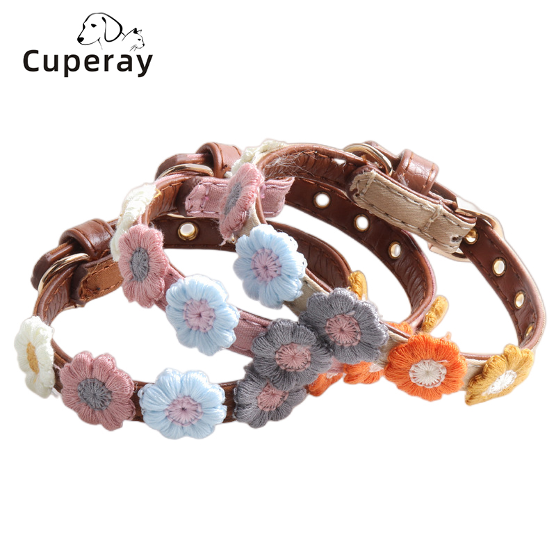 PU Puppy Collar with Metal Buckle and Cute Flower Decorations Flower Pet Collar Adjustable for Cats and Puppies Pet Accessories