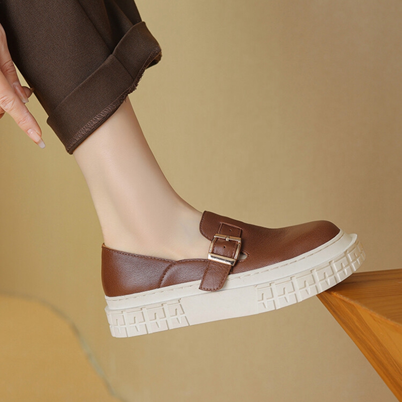 Spring NEW Loafers New Genuine Leather for Round Toe Chunky Heel Women Pumps Slip-on Buckle Platform Shoes 1804 Platm