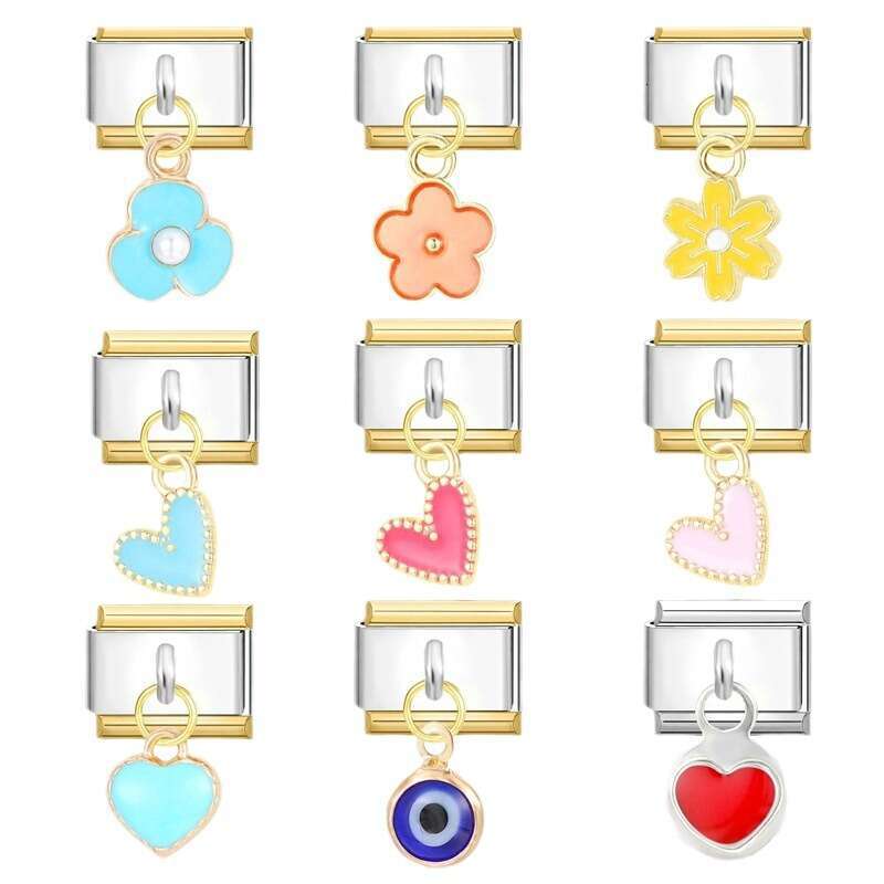 New Women's Gift blue eye pink heart sweet Pendant Italian Charms Links Bangle Beads Fit 9mm Stainless Steel Bracelet Making DIY For Women Fashio