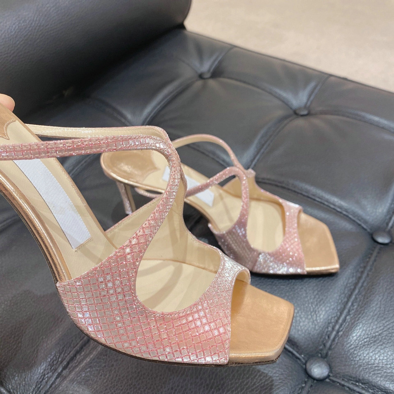 2024 Summer New Sexy Open Toe Slippers Women Cross Belt Sequin Square Heel Fashion High Heels