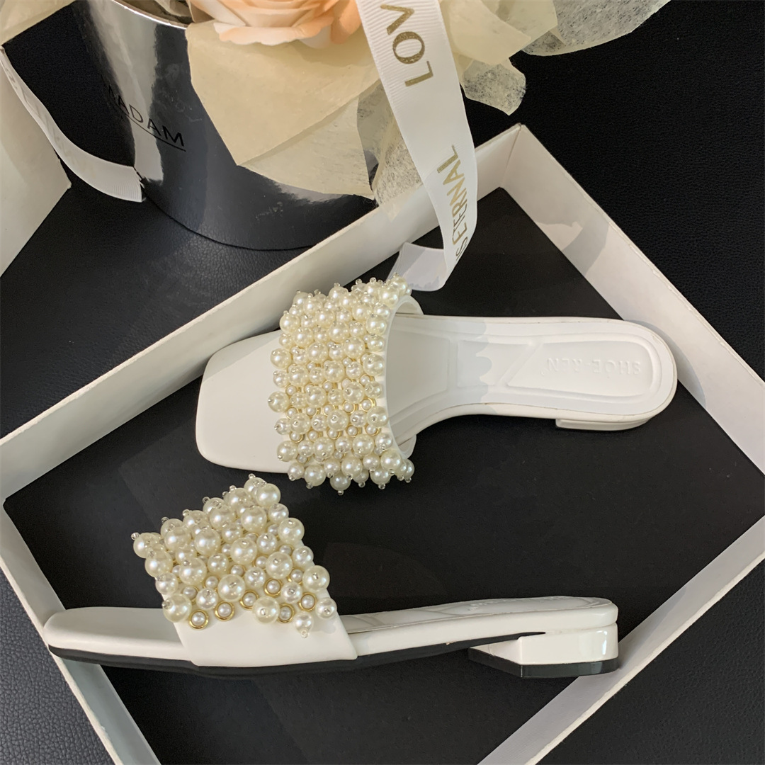 Shoes Square Toe Woman's Slippers Slides Low Fashion String Bead Block 2024 Summer Luxury Rome Hoof Heels Fabric PU Rubber