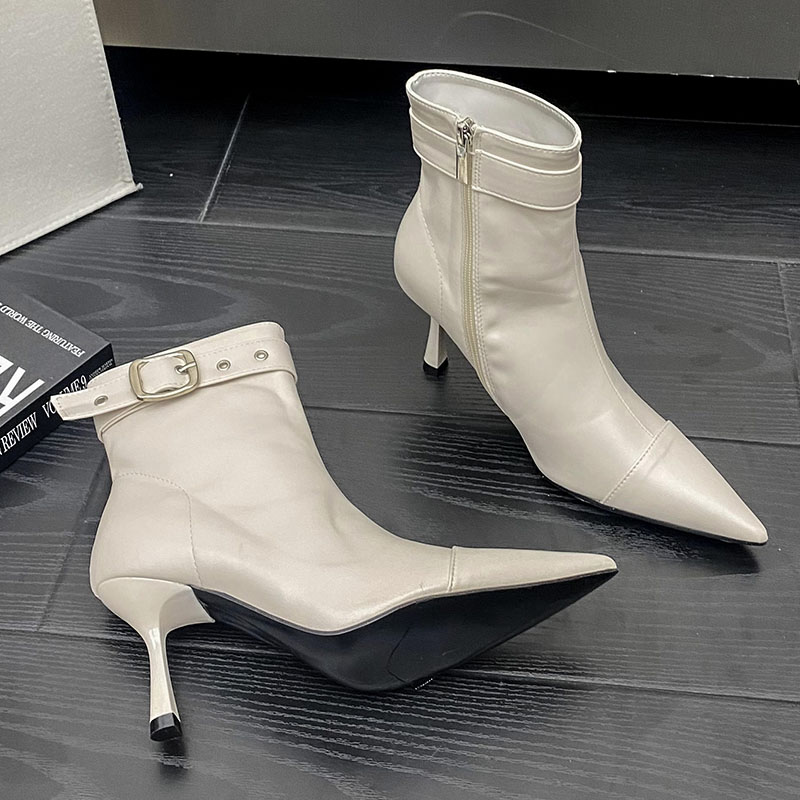 Fashion Buckle Strap Ladies Short Modern Booties Zippers Shoes Female Heels Pointed Toe Footwear Women Ankle Stretch Boots