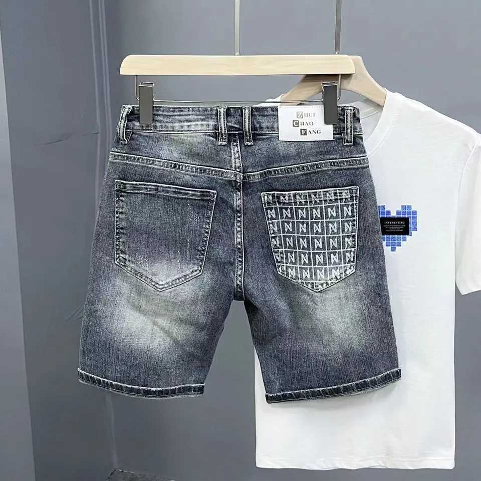 Mens Summer Streetwear Designer Clothes Vintage Printed Knee-Length Denim Shorts for Men Stretchy and Breathable Casual JeansX240914
