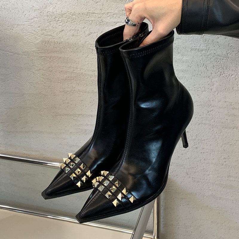 New Fashion Rivet Footwear Ankle Elastic For Women Zippers Female Pointed Toe Ladies Short Boots With Heels Shoes