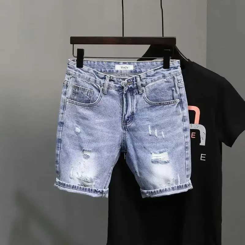 Trendy Blue Denim Shorts Men Summer Fashion Straight-leg Pocket Damaged Denim Cotton Twill Line Drawing Slim Fit Korean StyleX240914