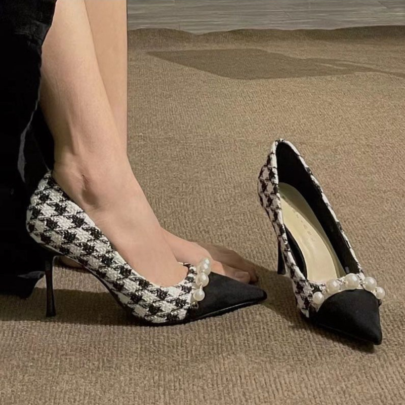 Korean Version Pearl High Heels Slender Heel Spike Single Shoes 2023 New Fashion Simple Shallow Mouth Womens Shoes Autumntime