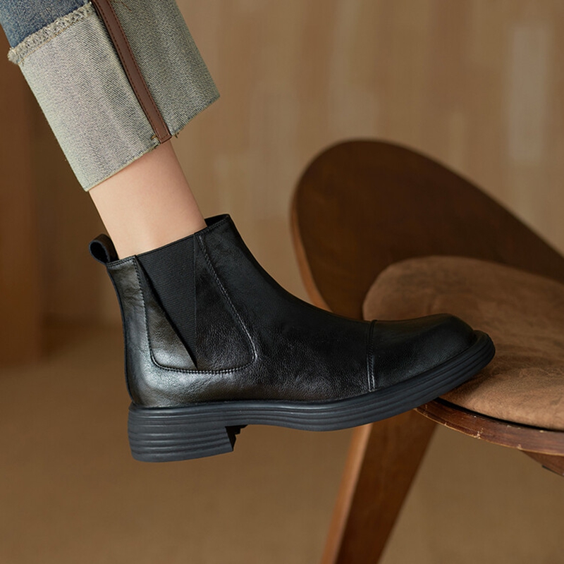 Autumn NEW Split Leather for Women Round Toe Chunky Heel Shoes Black Slip-on Ankle Casual Boots 42ff