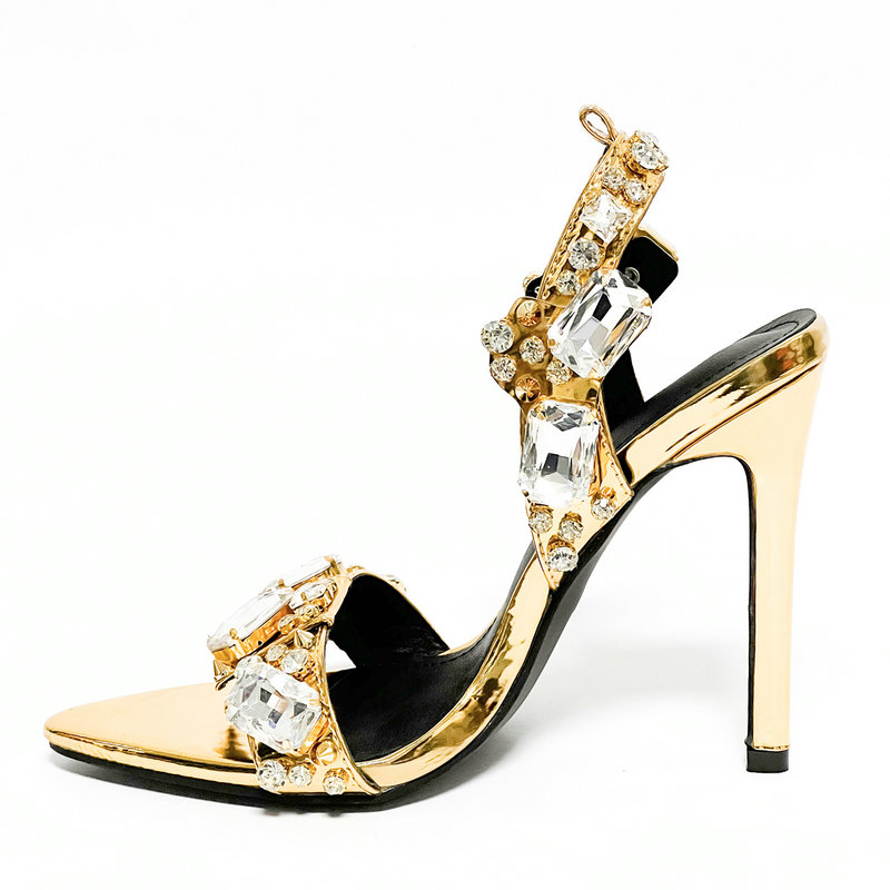 New 11cm Pointy Gold Riveted Rhie High Heels Summer Crystal Sandals European Fashion Large Size Shoes e11d