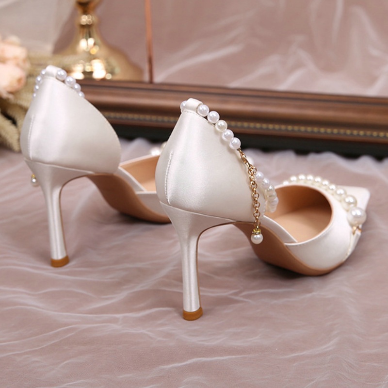 Newest Wedding Shoes Bridesmaid Shoes Pointed Thin Pearl Buckle Beautiful High Heels Single Pumps