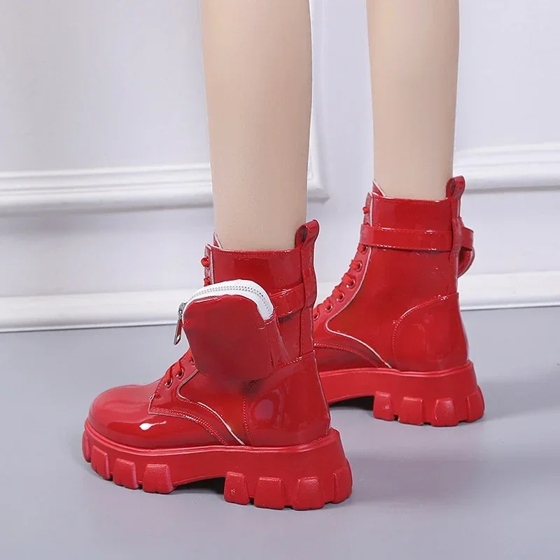 New Autumn Winter Shoes Women Short Boots Pocket Buckle Strap Ankle Boots Red PU Leather Mid-calf Platform Booties Cross-tied