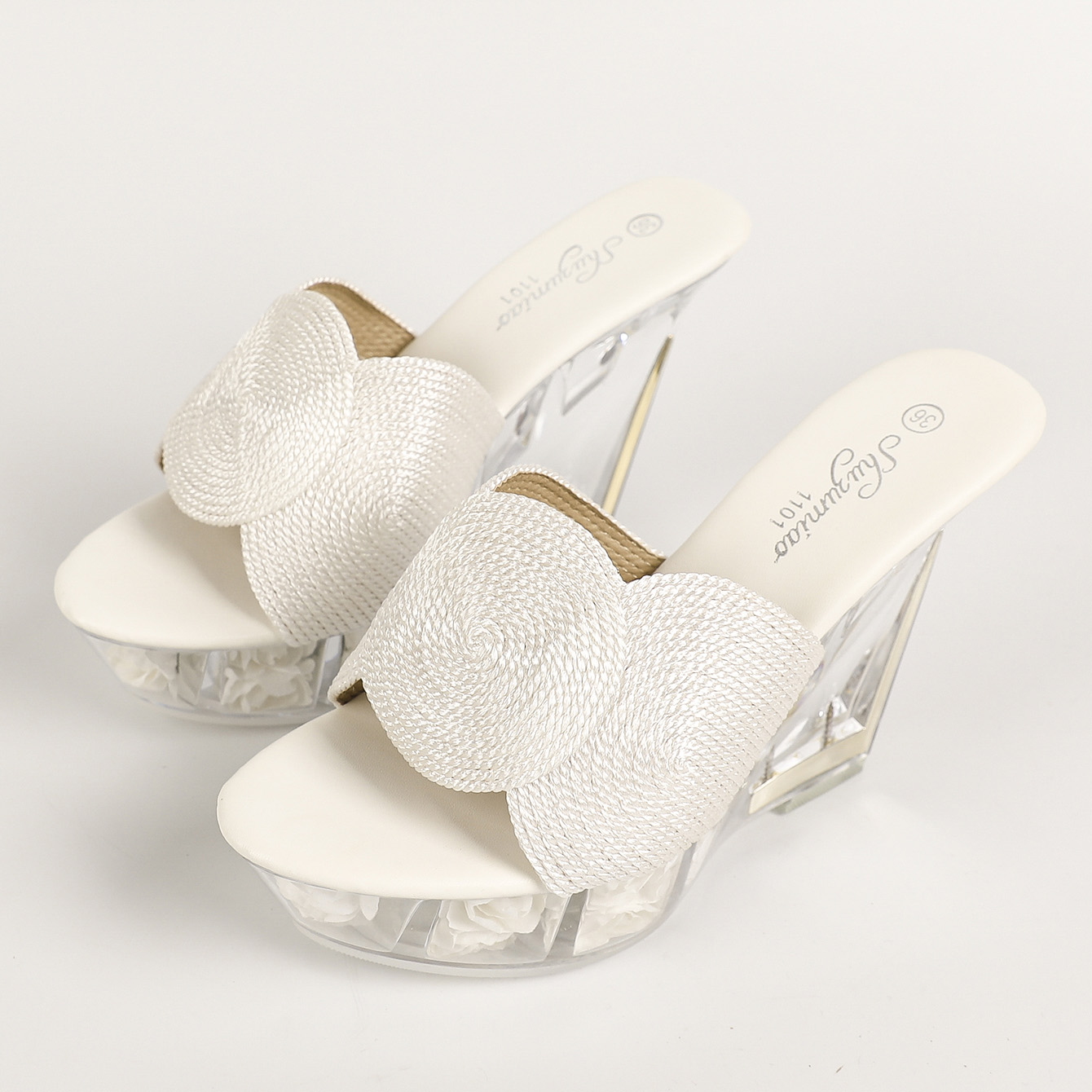 Women's White Rose Flower Platform Clear Crystal 10cm Wedge Heels Sandals Slipper Dance Shoes Sexy for Party LFD-1101-D10