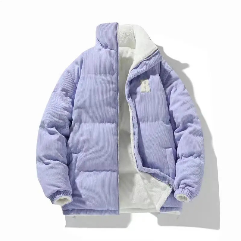 Winter Corduroy Parkas Men Women Harajuku Letter Embroidery Puffer Coat Lamb Loose Denim Coat Male Parka Men Moletom Masculino 240913
