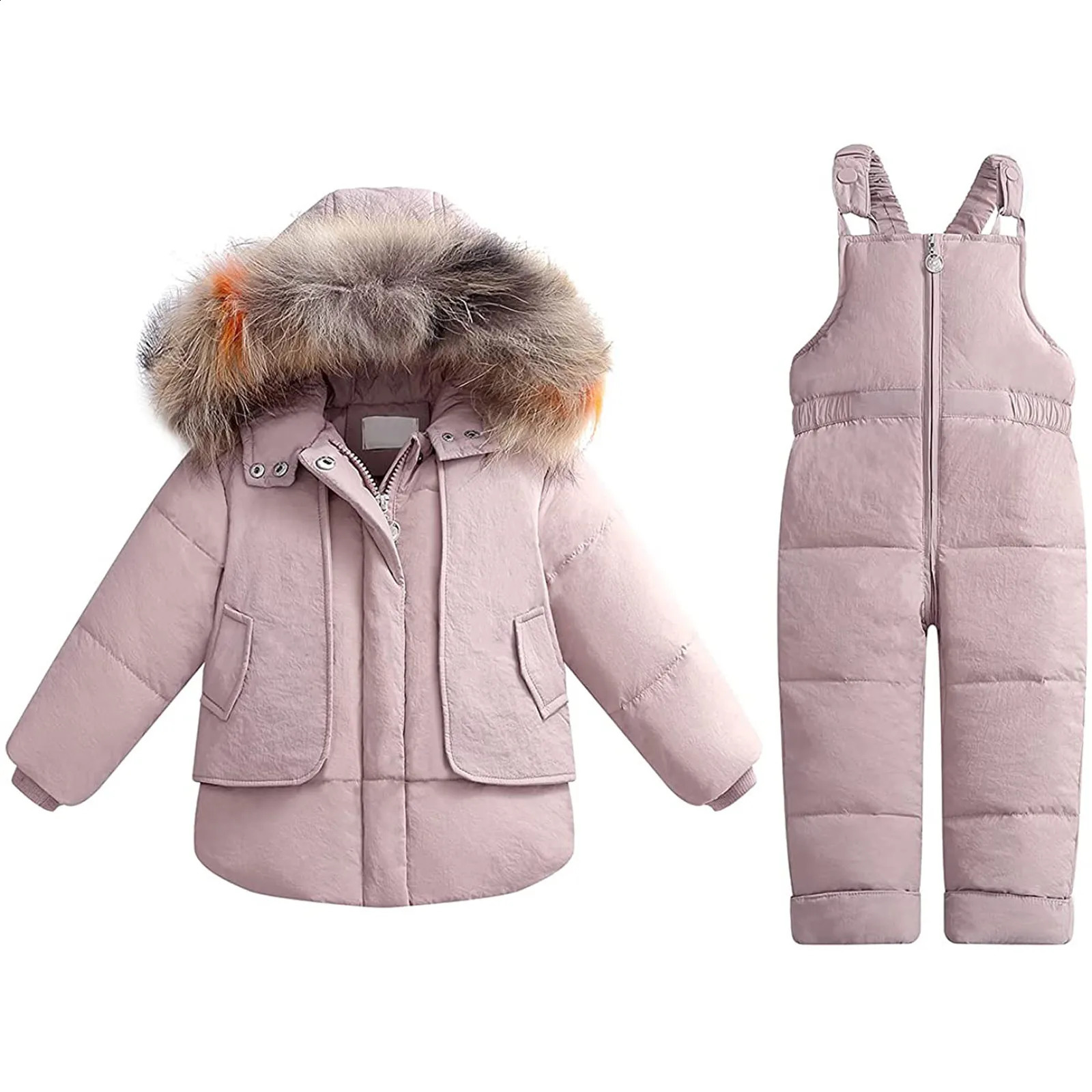 Fashionable Fur Hooded Baby Boy Girl Overalls Winter Down Jacket Warm Kids Coat Child Snowsuit Snow Toddler 2 Pieces Clothing 240904