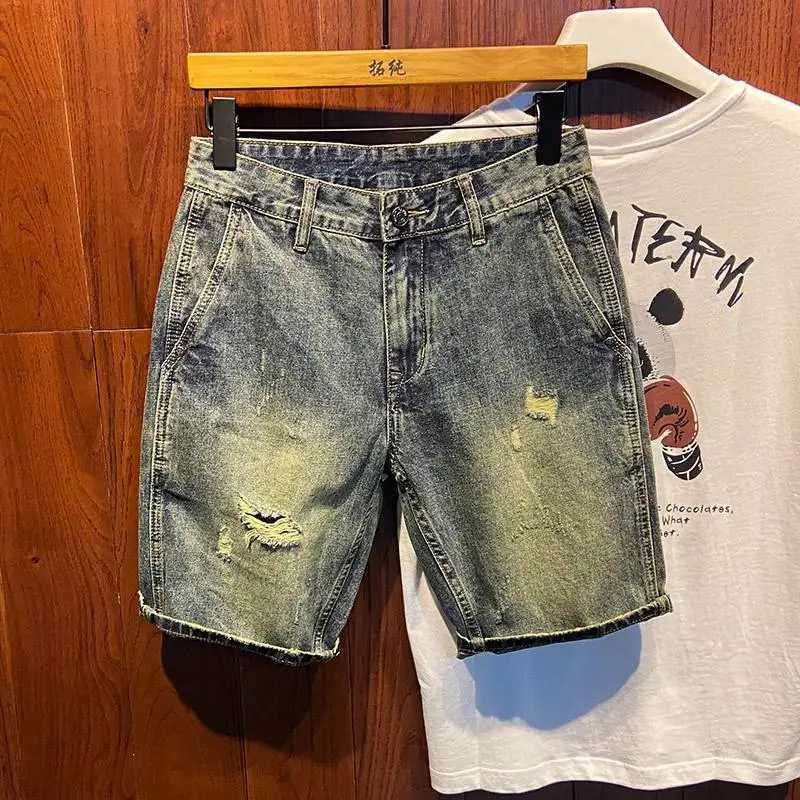 Vintage Washed Denim Shorts for Men Casual Summer Knee Length Jeans with Ripped Holes Korean Luxury Clothing Cowboy Short PantsX240914