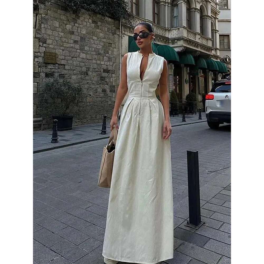 Sexy Solid High Waist Zipper Slim Maxi Dress Women Fashion V-Neck Sleeveless Pleated Long Dresses Summer Female Street Robes