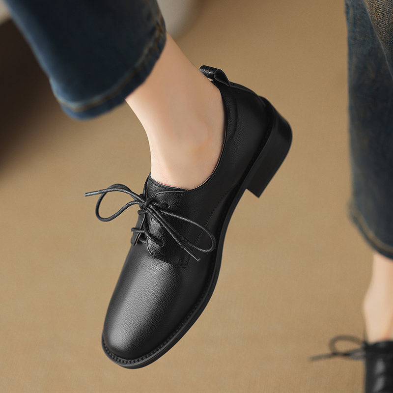 2024 New Spring Genuine Leather Round Toe Pumps for Women Low Heel Loafers Ladies Shoes Retro block 7603