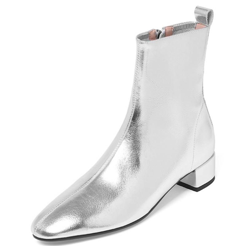 Sier Gold Ankle Boots For Women Mirror Genuine Leather Autumn Winter Casual Low Heel Short Party Shoes Ladies Sexy 1ac2