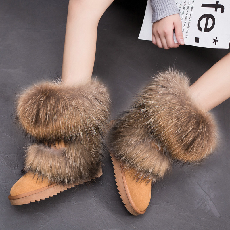 Natural Fox Fur Snow Boots Genuine Cow Suede Leather Boots Shoes Mid-calf Knee Boots Raccoon Fur Warm Female Flat Boots