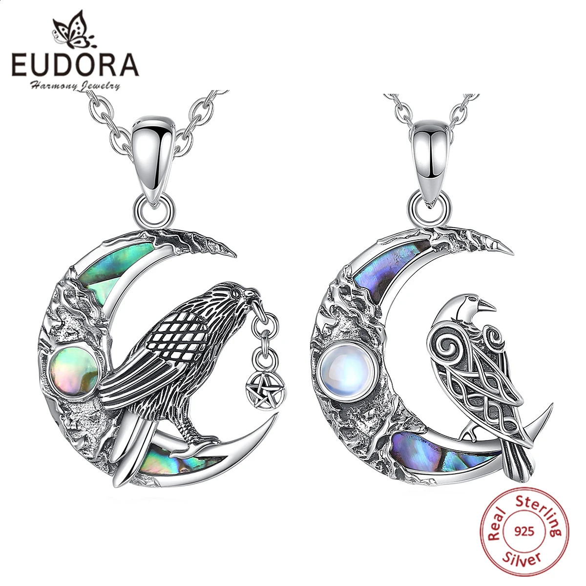 Eudora 925 Pure Silver Viking Crow Moon Necklace for Men Pentagram Talisman Pendant Natural Abalone Shell Jewelry 240912