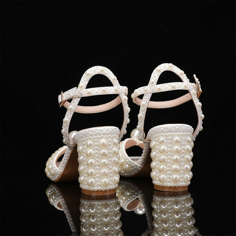 2024 New High Heels Thick Heel Shallow Mouth Women's Pearl Sandals Wedding Shoes Bridesmaid Shoes