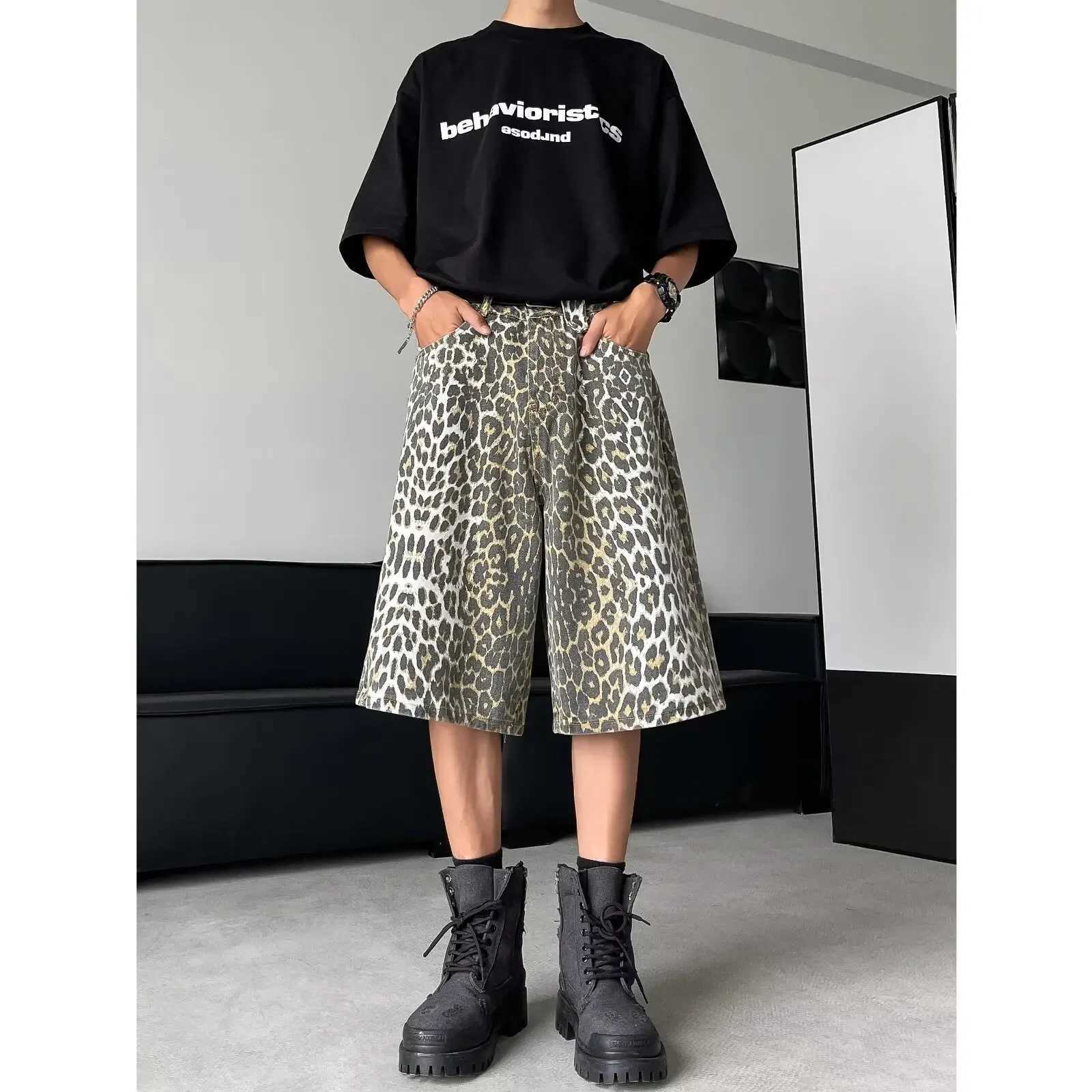 Urban Fashion Jeans Seven Point Shorts Summer Washing Leopard Print Loose Fit Casual Pants Trendy City StyleX240914