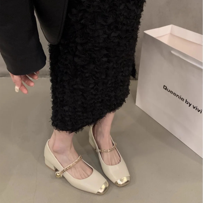 Simple square head thick temperament single 2024 spring fashion patchwork with New skirt shoes