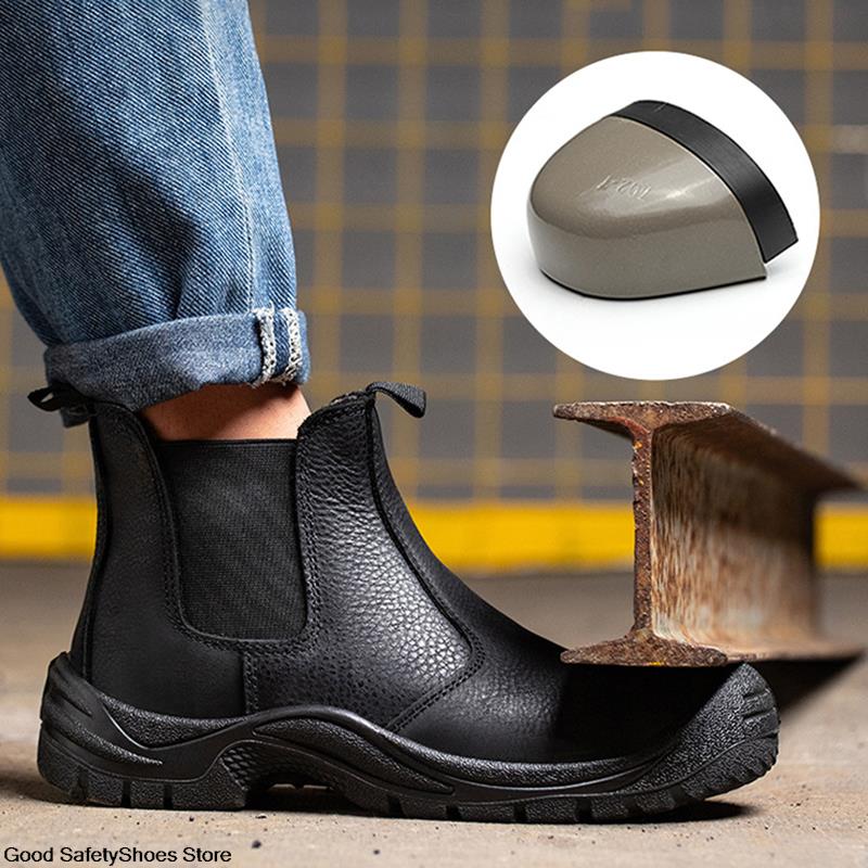 Leather Genuine Black Waterproof Anti-Smash Safety Boots Men Steel Toe Work Shoes Footwear 9db9