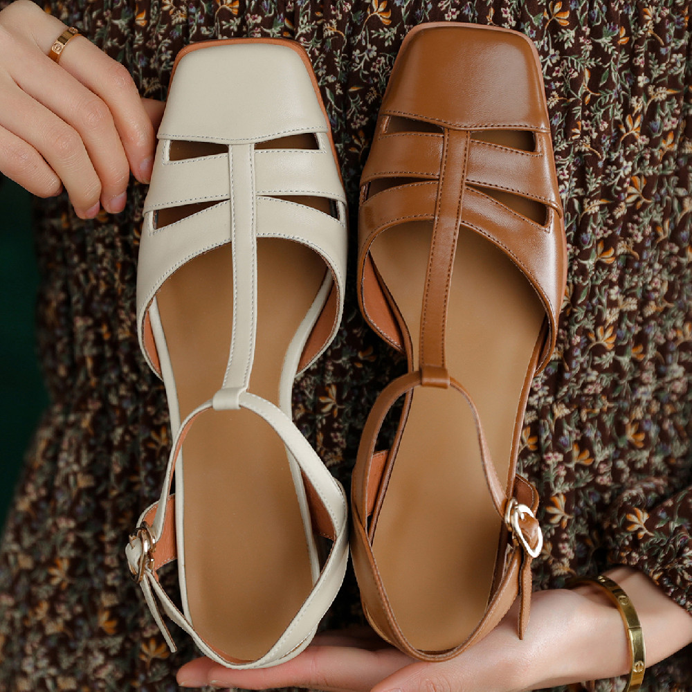 cow Women's leather 5cm thick med heel New sqaure toe t-strap sandals hollow-out breathable summer pumps high heeled shoes for women 3a40 ed