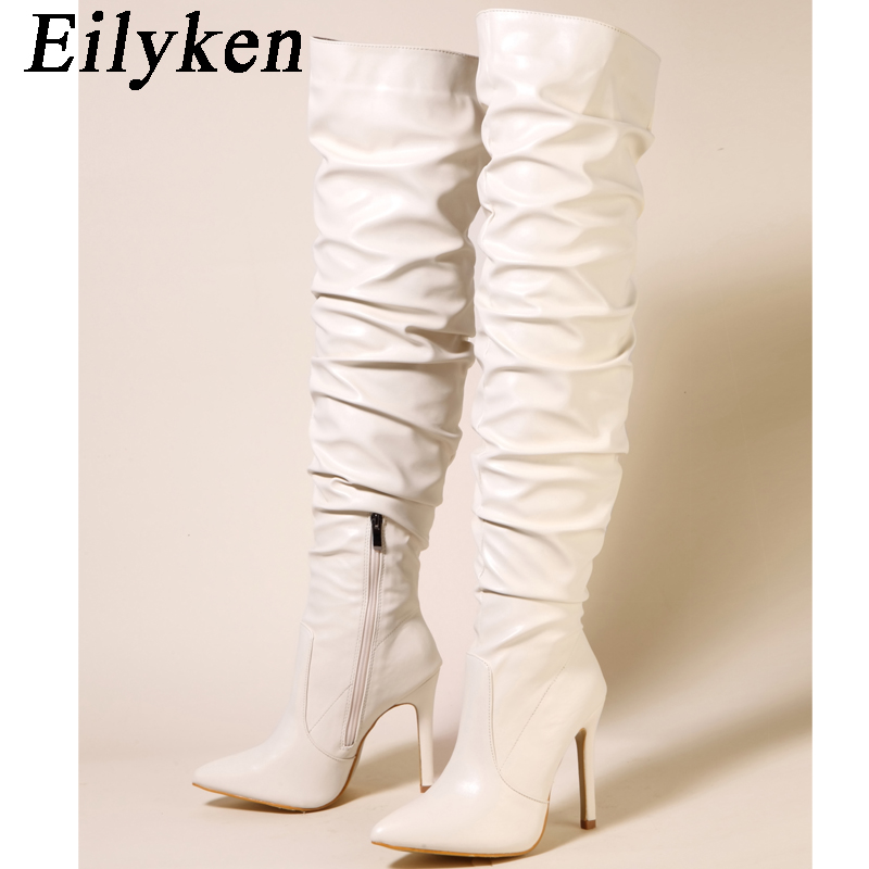 Eilyken Sexy Pleated Motorcycle Over The Knee Boots Women Fashion Pointed Toe Zipper Thigh High Long Stiletto Heel Ladies Shoes 5ebb