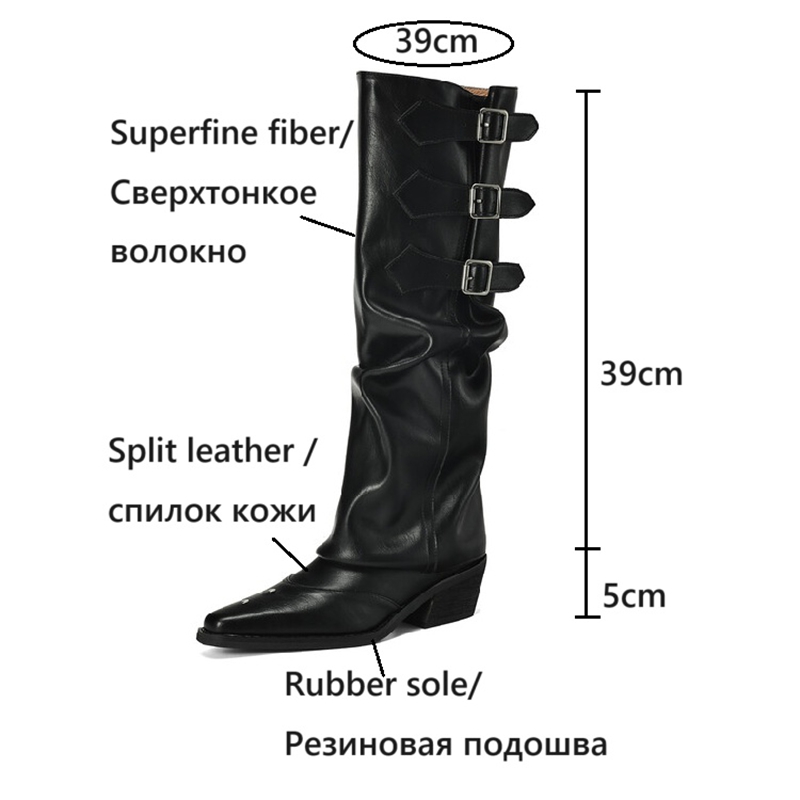 Autumn NEW Pointed Toe Chunky Heel Split Leather Shoes for Women Punk Knee-high Belt Buckle Riding Boots b3e4