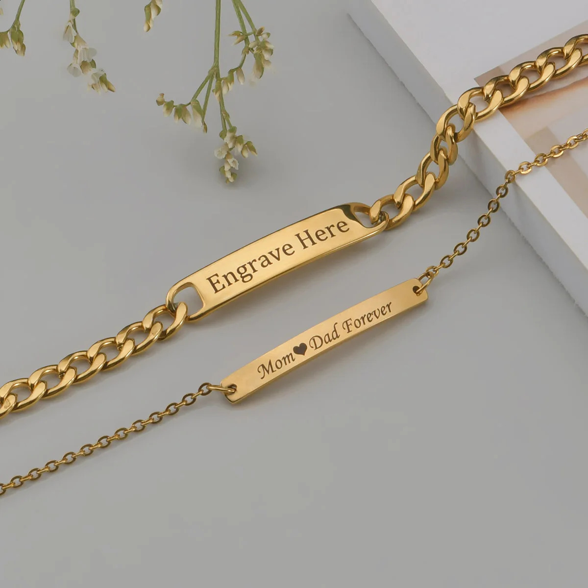 Akizoom Punk Engrave Name Custom Bracelets Gold Color Stainless Steel Thick Hand Chain Customized Couple Men Women Jewelry Gift 240914