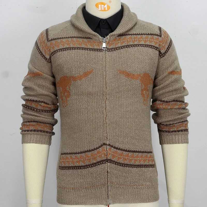 New Mens Casual Sweater Cow Head Jacquard Zipper Knitted Sweater Jacket for Autumn and Winter Thick Needle Sweater for MenXJ240907