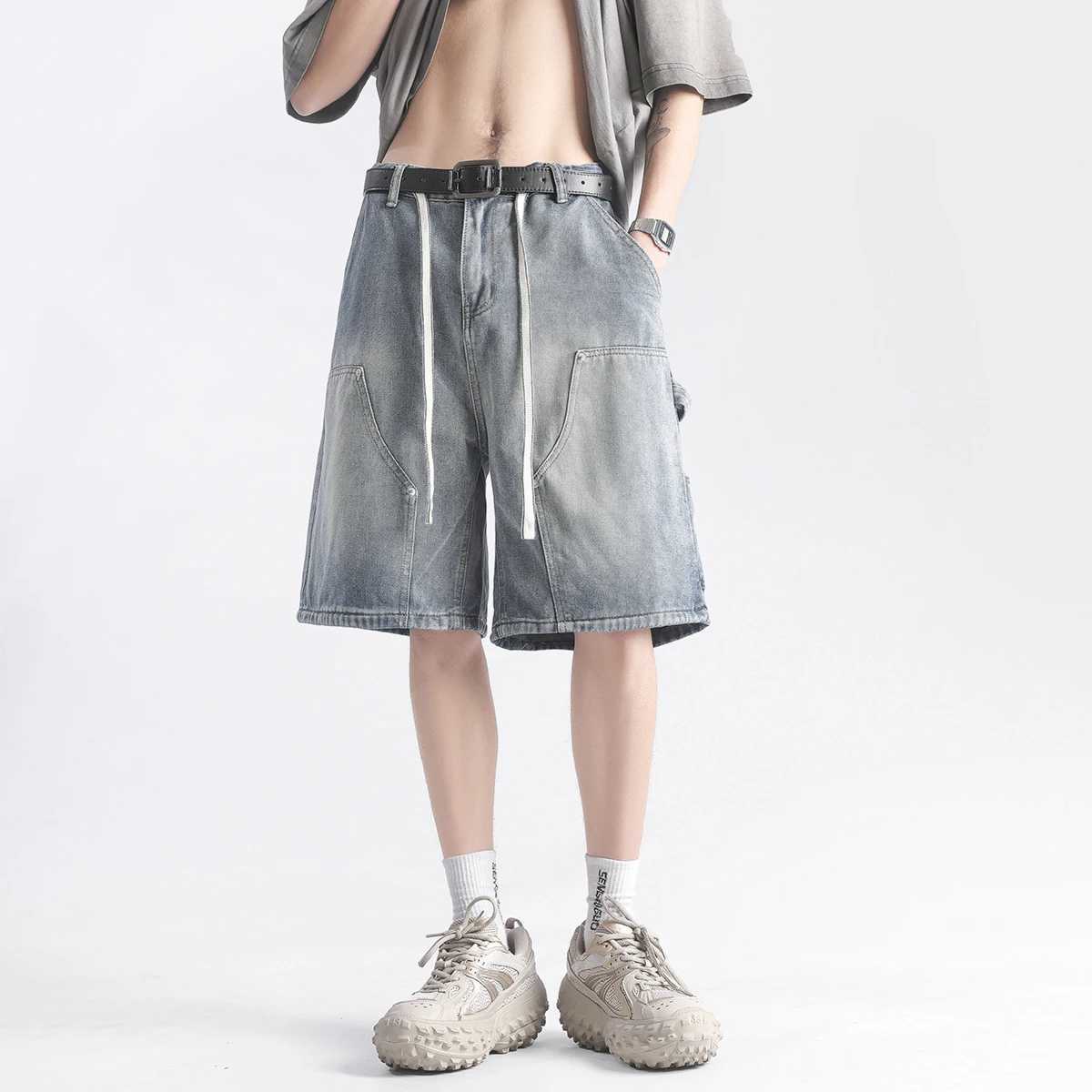 Patchwork Straight Casual Cargo Shorts Men Summer New Wide Leg Hip-hop Fashion Drawstring Youth Streetwear Denim ShortsX240914