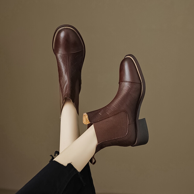 Autumn NEW Round Toe Chunky Heel Genuine Leather Shoes for Women Concise Zipper Short Blck Boots 44ff