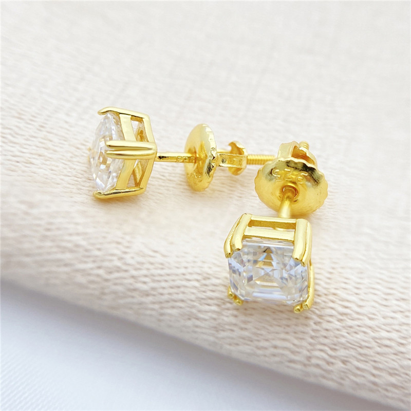 4mm-9mm S925 Sterling Silver Gold Plated Pass Test Square Moissanite Earrings Studs for Men Women Nice Gift