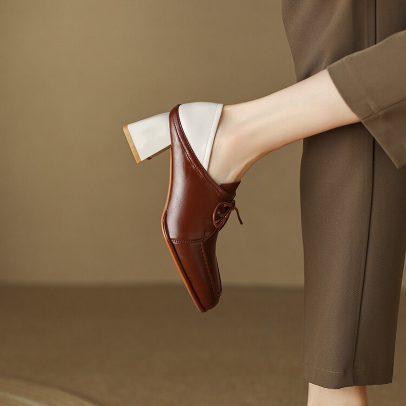 New Spring 2023 Loafers Split Leather Square Toe Chunky for Mixed Colors Mid-heel Women Pumps Lace-up Shoes 1aa3