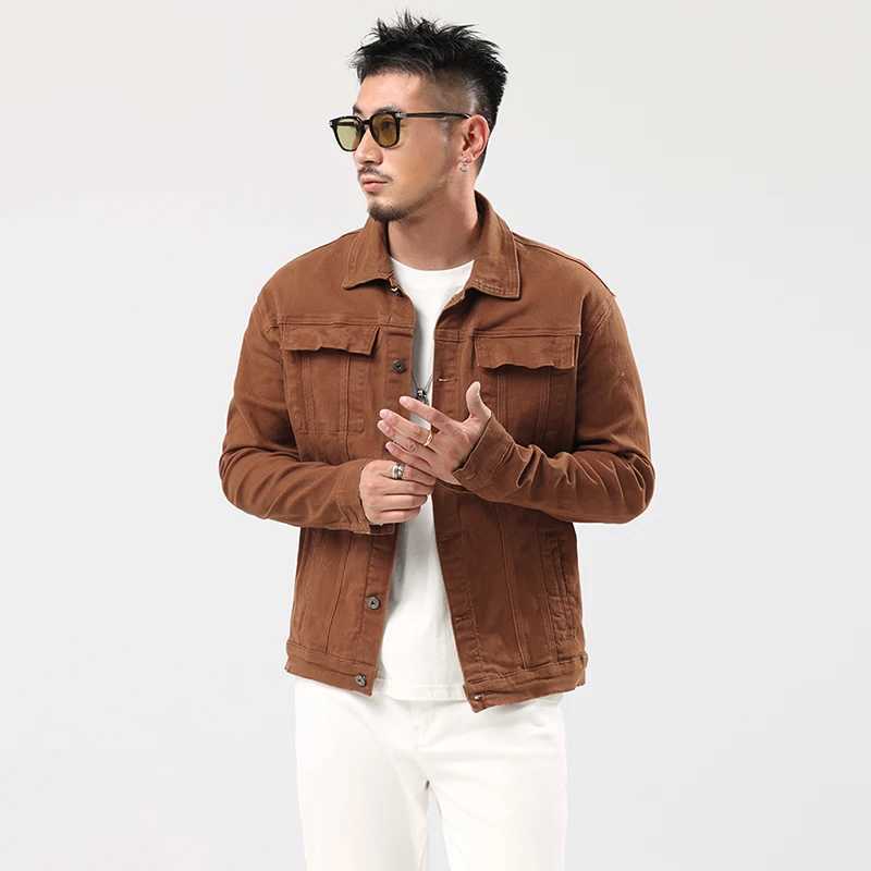 Mens Caramel Denim Jacket 2023 Spring and Autumn New Fashionable Classic Street Slim Denim Jacket W240914