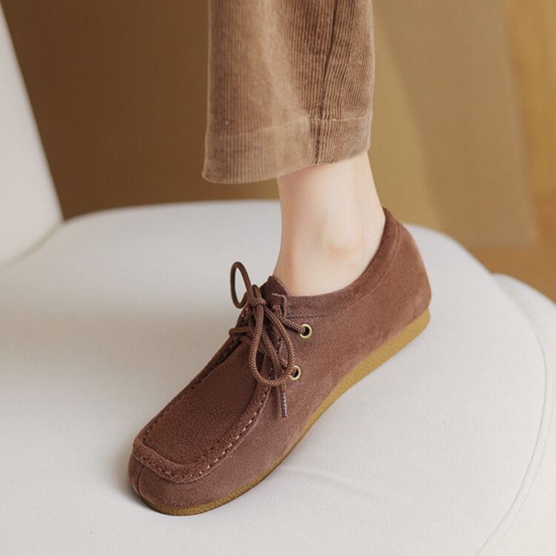 Spring NEW Round Toe Low Heel Solid Ladies Loafers Cow Suede Leather Shoes for Retro Lace New up Women Pumps 94a3