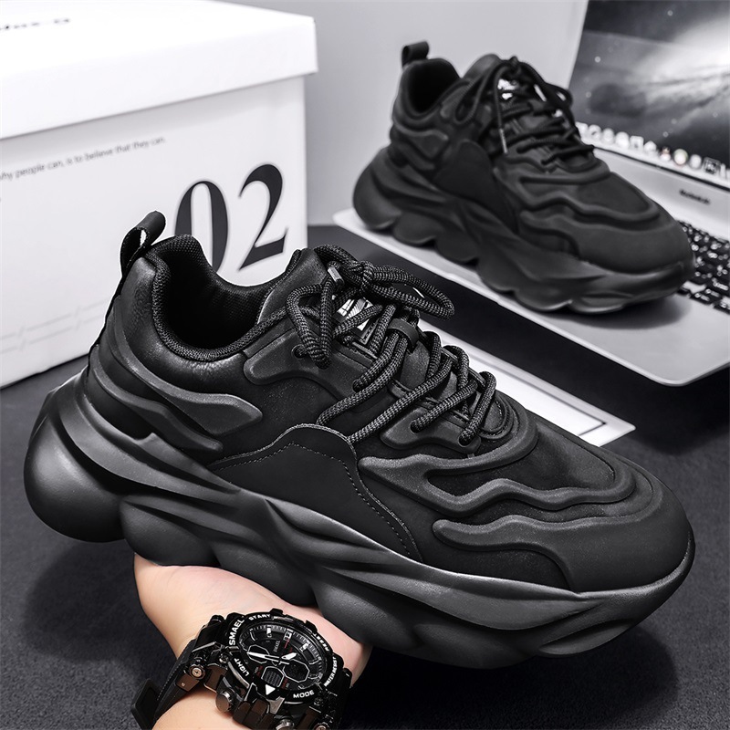 Student plush sports thick seasonal leather surface casual single shoes, pure black Korean version lace up dad shoes