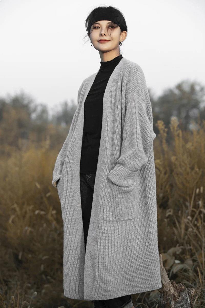 Long BuckleFree Womens Cardigan Pure Wool Knit Coat Free Size Loose AllMatch Casual and Comfortable 240904
