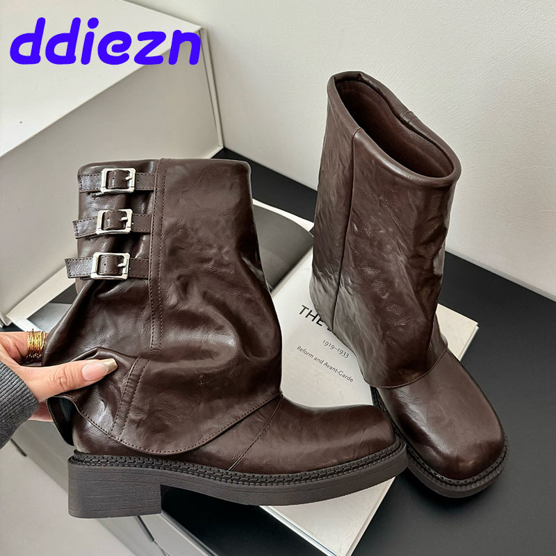 Fashion Designer Metal Buckle Women Ankle Western Female Slip On Footwear Round Toe Ladies Short Boots 4.5cm Heels Shoes