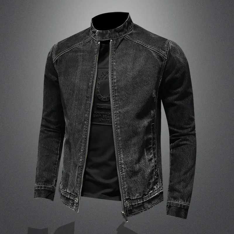 Autumn denim jacket mens long sleeved zipper retro black slim fit street fashion jacket W240914