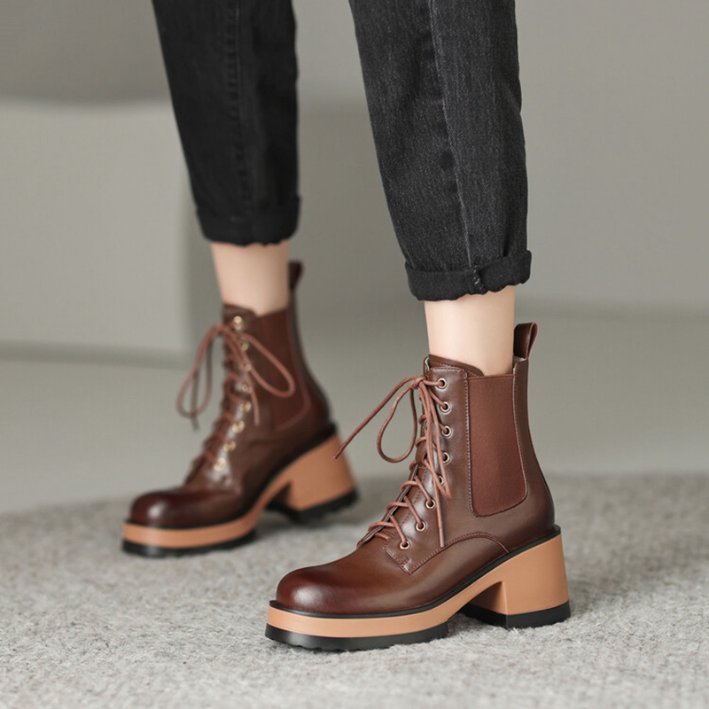 Autumn NEW Genuine Leather Round Toe Platform Height Increasing Lace-up Casual Solid Short Boots Women 7576