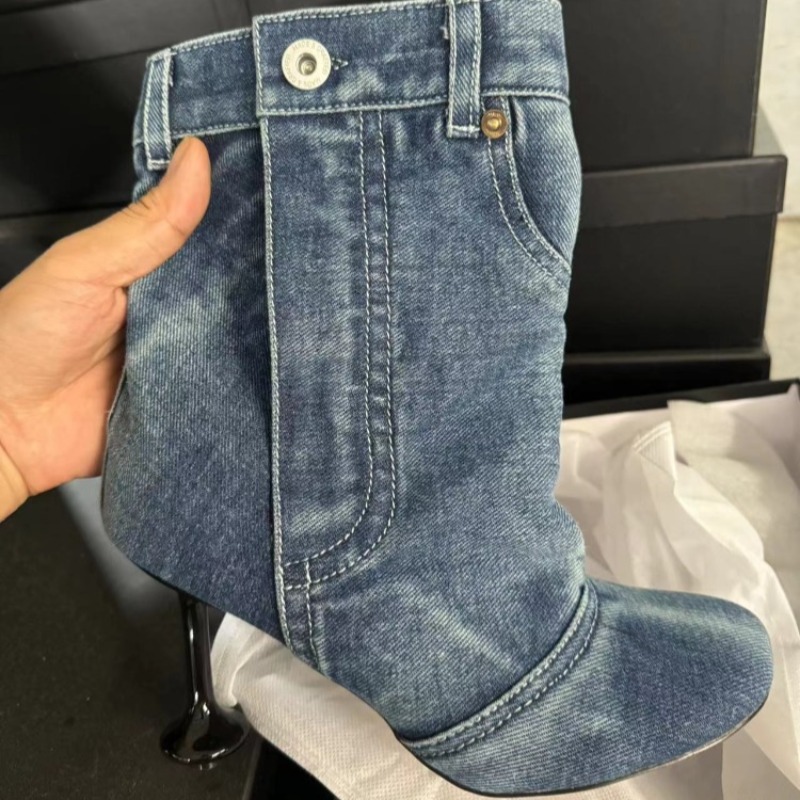 Spring Autumn New Irregular Heel Denim Skirt Edge Trouser Boots European American Women's Sewing High Heels Fashion Short Boots