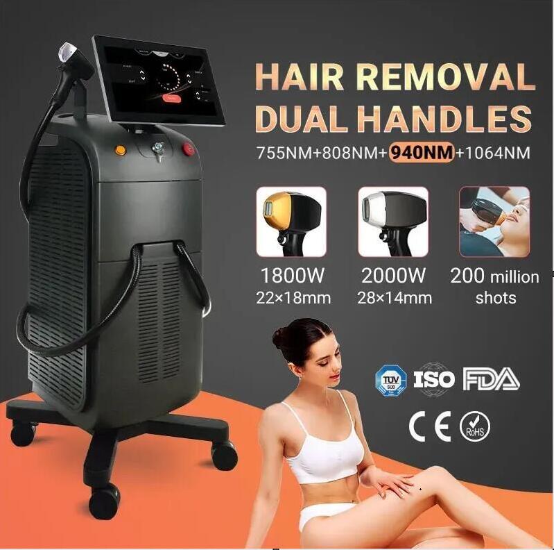 permanent commercial diode laser hair removal machine 755 940 808 1064nm diode laser wih 2 handles 2000w +1800 watts 2 times parmanebtly removal hair 
