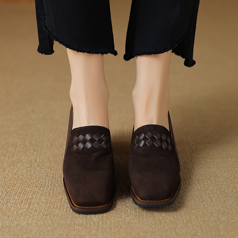 Spring/Autumn New NEW Loafers Sheep Suede Leather for Square Toe Chunky Heel Black Shoes Concise Weave Women Pumps 0f05