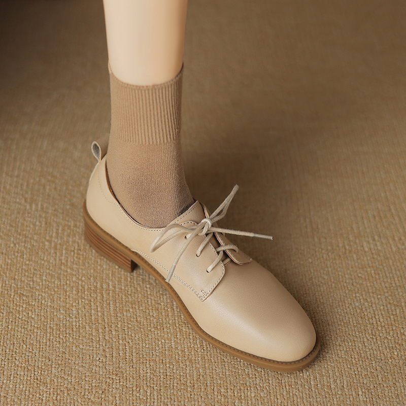 2024 New Spring Genuine Leather Round Toe Pumps for Women Low Heel Loafers Ladies Shoes Retro block 7603