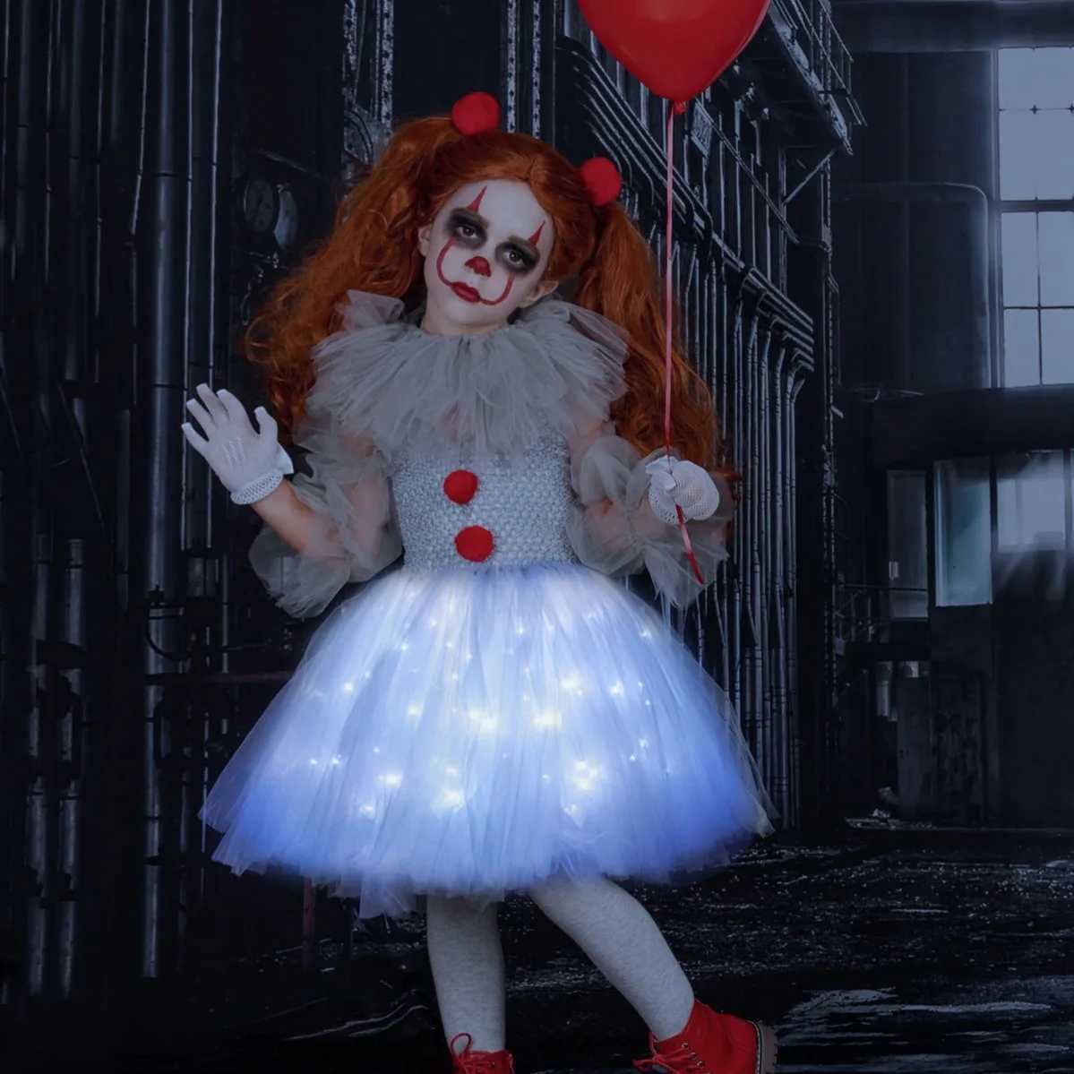 Halloween Grey Clown Girl LED Illuminated Costume Tutu Dress Terror Clown Childrens Carnival Party Role Playing Costume Childrens sheer Dress W240914
