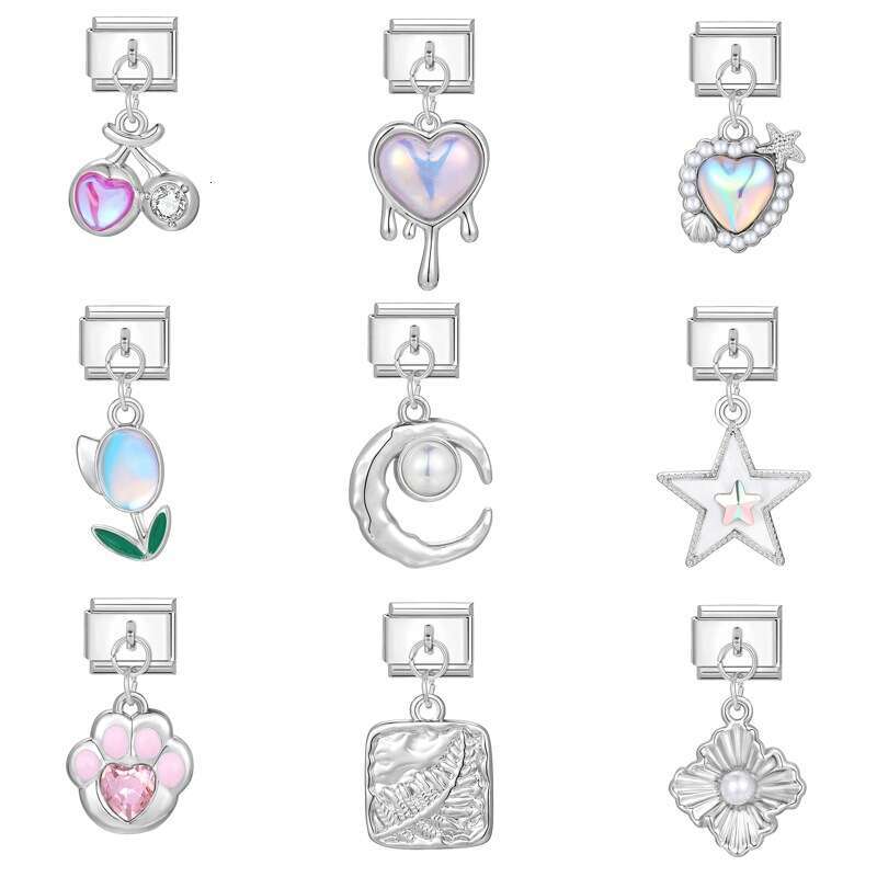 New Women's Gift heart star Pendant Italian Charms Links Bangle Beads Fit 9mm Stainless Steel Bracelet Making DIY For Women Fashion Jewelry