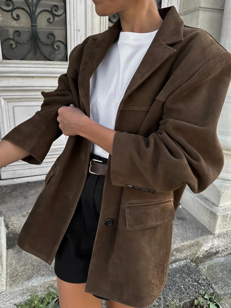 Fashion Brown With Double Pocket Blazer Jacket Woman Single Breasted Long Sleeve Short Coat 2024 Lady Autumn High Street Outwear 240912